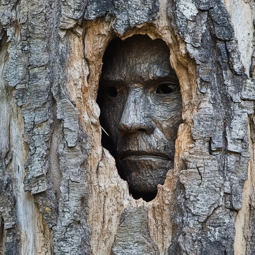 A weathered tree trunk reveals a carved wooden face peering from within a large hole.  The face, deeply lined and somber, has dark eyes that seem to hold a story.  The texture of the bark contrasts with the smoother, yet equally aged, surface of the carved visage. The overall effect is one of mystery and age, suggesting a hidden wisdom or ancient spirit residing within the tree.