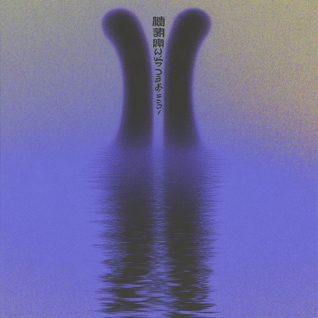 The image is a stylized depiction of two legs reflected in calm water.  The legs are dark and somewhat indistinct, appearing as blurry silhouettes against a purple-toned background that transitions to a lighter beige at the top.  A vertical line of Japanese text is centrally placed between the legs. The overall aesthetic is minimalist and slightly surreal, with a grainy texture adding to its dreamlike quality. The reflection in the water is subtly distorted, enhancing the mysterious atmosphere.