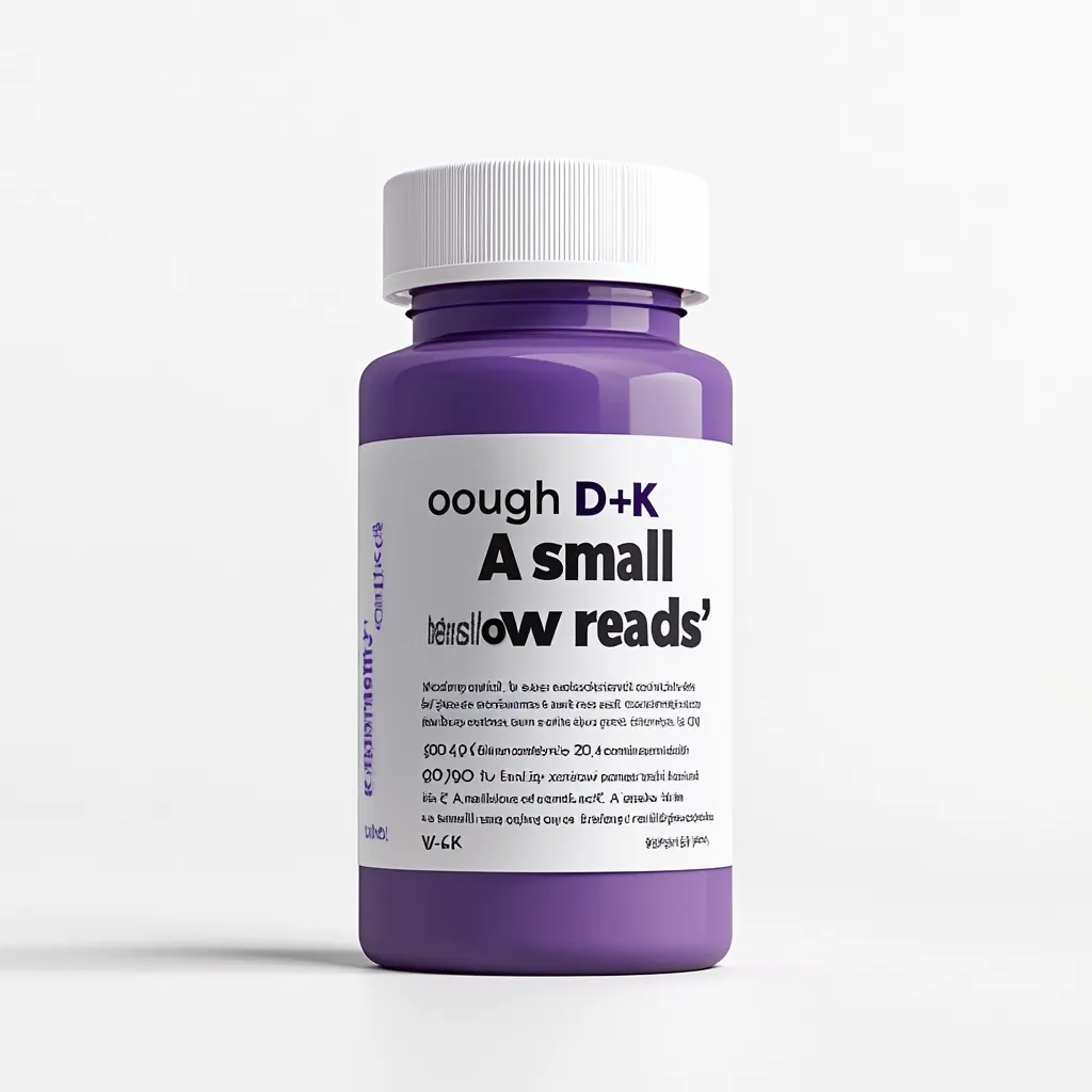 Here's a description of the image:

The image shows a purple plastic pill bottle with a white cap.  The label features the text "oough D+K A small bensllow reads'" in a stylized, slightly off-kilter font. Below this main text is a block of illegible text, possibly in a different language or a stylized script. The overall aesthetic is minimalist and slightly unconventional. The bottle stands on a plain white background.