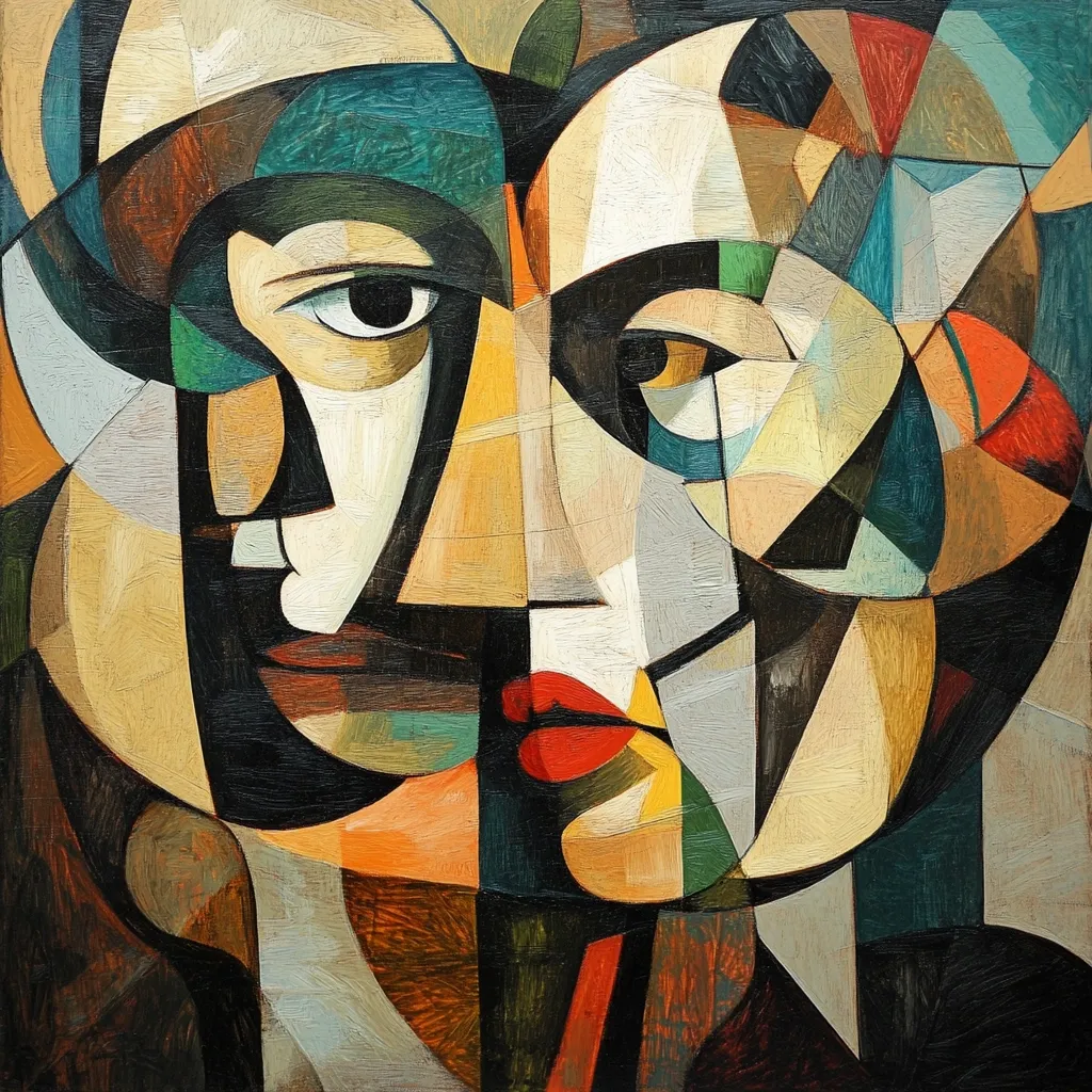 This cubist-style painting depicts two faces, possibly a man and a woman, interlocked and fragmented.  Geometric shapes of varying colors—ochre, teal, red, and black—form the features, creating a sense of depth and layering.  The artist uses bold brushstrokes and a palette knife technique, giving the canvas a textured quality.  Eyes are prominent, and lips are rendered in contrasting colors, highlighting the emotional interplay between the subjects. The overall effect is one of intimacy and abstract expression.