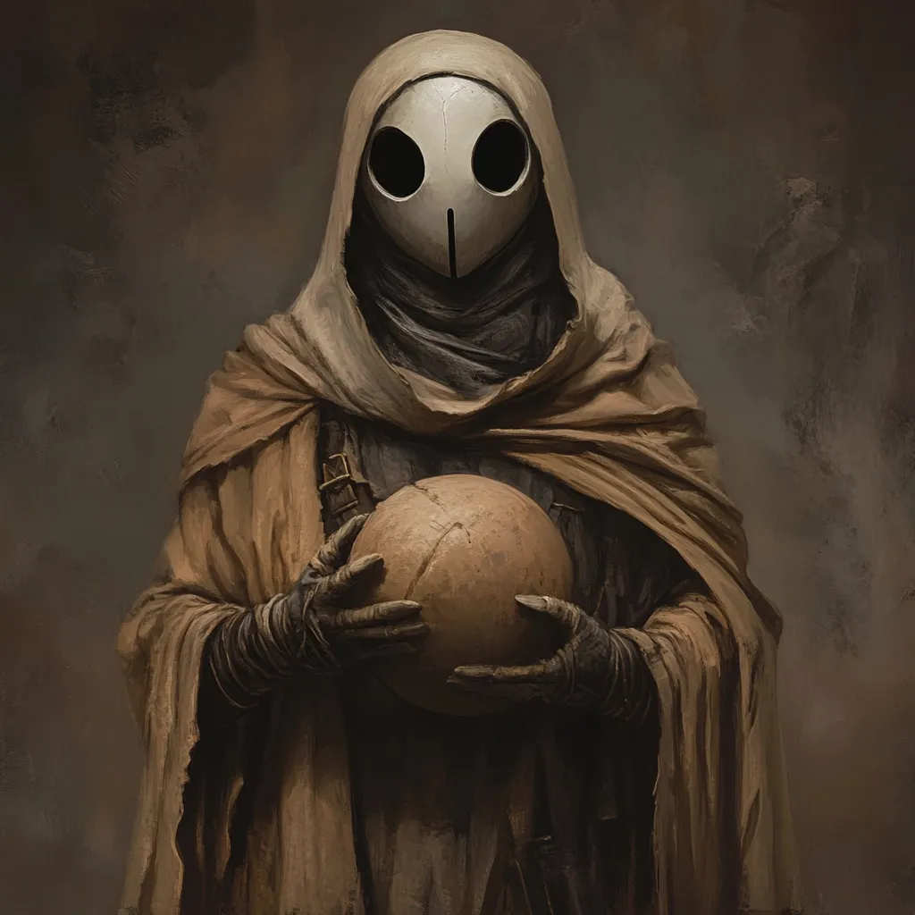 The artwork depicts a cloaked figure, their face obscured by a mask with large, dark oval eyeholes and a central vertical slit. The mask is off-white, contrasting with the earthy tones of their tan, flowing robe.  The figure's gloved hands gently cradle a spherical object, light brown in color, suggesting fragility or importance. The overall mood is one of mystery and quiet solemnity, set against a muted, textured background. The style is painterly, with visible brushstrokes contributing to a sense of depth and gravitas.