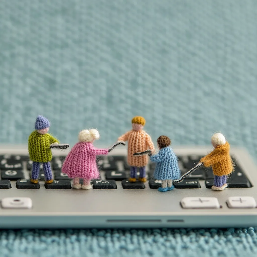 Five miniature knitted figures, representing elderly people, stand on a laptop keyboard. Each figure is uniquely colored and wears a knitted coat. They appear to be interacting with each other, possibly holding small knitted canes. The scene is set against a soft blue background, creating a whimsical and slightly poignant image.  The overall impression suggests the theme of older adults engaging with technology.