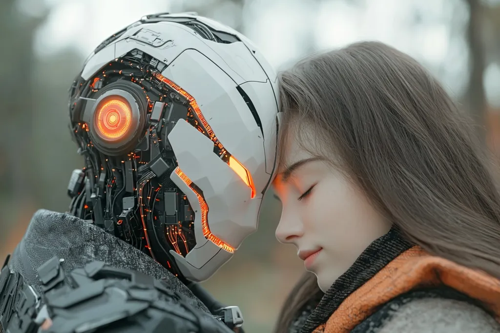 The image shows a close-up of a young woman with her eyes closed, gently touching foreheads with a futuristic robot.  The robot's helmet is white and gray, with glowing orange internal components visible. The woman's long brown hair frames her face, and she wears an orange-toned scarf or jacket. The background is blurred, suggesting an outdoor setting. The overall mood is one of serene connection between human and machine, possibly exploring themes of artificial intelligence and empathy.