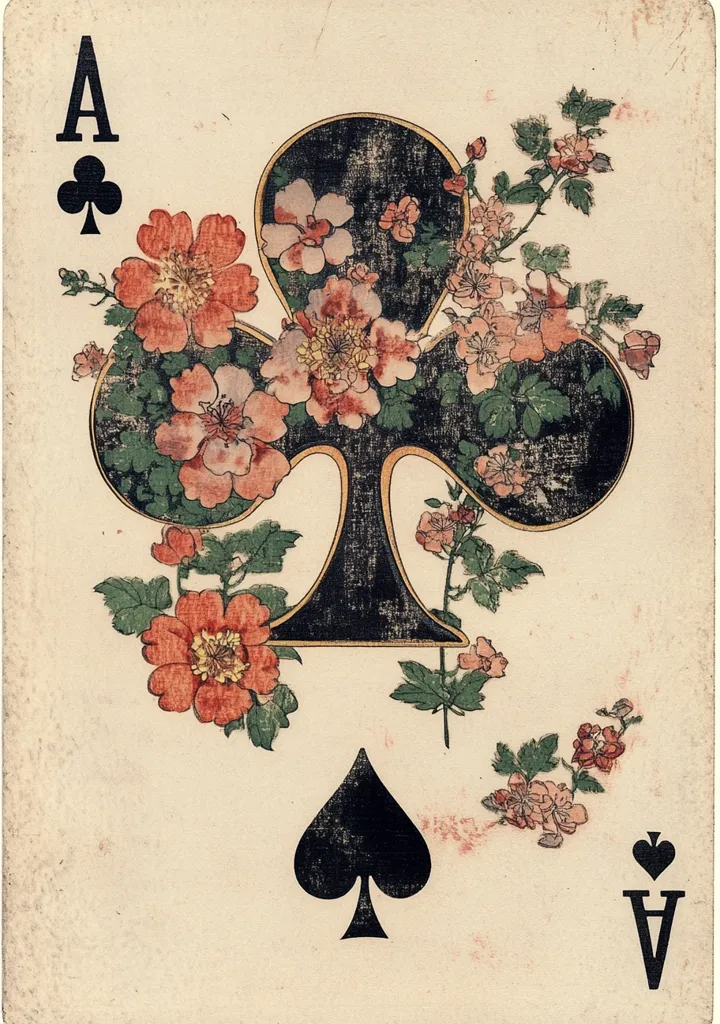 This is an image of an Ace of Clubs playing card. The card is decorated in a Japanese style, with a black club symbol adorned with delicate pink and red flowers and green foliage.  The flowers appear to be roses or similar blossoms, intricately rendered.  The overall aesthetic is vintage and elegant, suggesting possibly an antique or collectible playing card.  The card's age is evident in the subtle discoloration and texture of the paper.