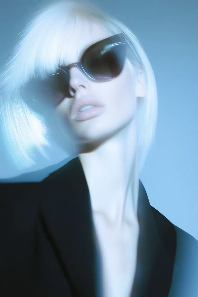 Here's a description of the image:

The photograph presents a close-up of a woman with a short, platinum blonde bob. She's wearing dark, cat-eye sunglasses and a dark blazer. The image is stylized with a soft focus and a cool, bluish tone, giving it a dreamy, ethereal quality. The woman's expression is serene, and the overall effect is one of understated elegance and modern fashion.  The blurred background draws all attention to the model's face and attire.