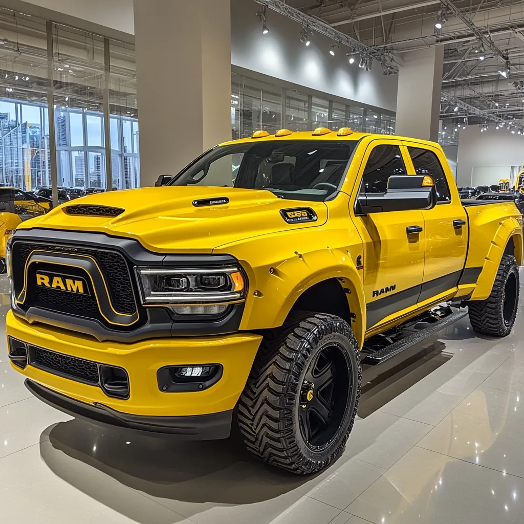 A vibrant yellow Ram 2500 Heavy Duty pickup truck dominates the image, showcasing its aggressive design.  The truck is parked in a modern showroom, with large windows revealing a cityscape beyond.  Black accents highlight the truck's body, including the grill and side panels.  Large, all-terrain tires and black rims complete the powerful stance.  The lighting in the showroom is bright, reflecting on the truck's glossy paint.