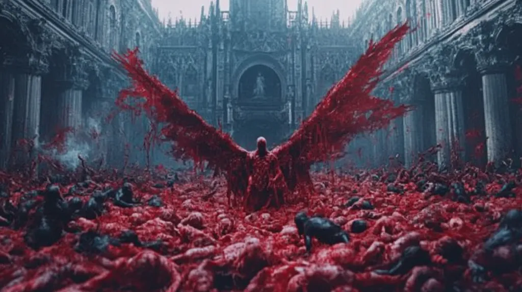 A horrifying scene unfolds before a grand, gothic cathedral. A monstrous figure, cloaked in crimson and possessing immense, blood-red wings, stands amidst a sea of corpses.  The ground is saturated with blood, forming a gruesome carpet stretching to the cathedral's base. The overall atmosphere is one of immense violence and apocalyptic dread. The image is dark and saturated, emphasizing the brutality of the scene.