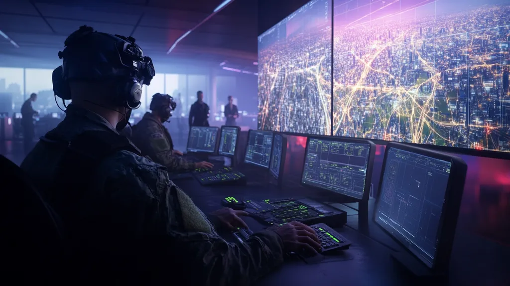 A soldier wearing a VR headset sits at a bank of computer monitors displaying a city map at night, likely part of a military operation.  Several other soldiers are visible in the background, also working at computers. The scene is dark and technologically advanced, suggestive of a high-stakes, modern warfare scenario. The overall atmosphere is intense and serious.