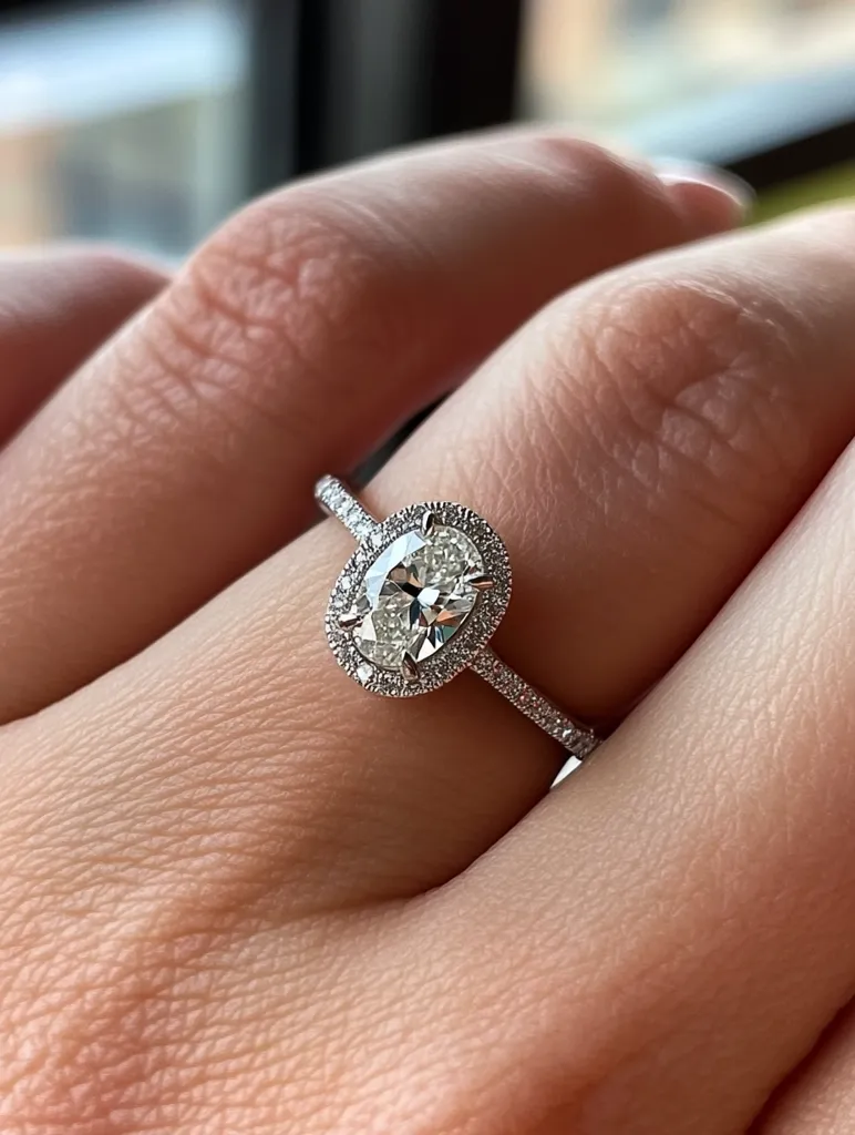 Close-up view of a woman's hand wearing a delicate engagement ring.  The ring features a central oval-cut diamond surrounded by a halo of smaller diamonds, all set in a thin, white gold or platinum band. The diamond sparkles brightly. The focus is sharp on the ring, while the hand is softly blurred, creating a shallow depth of field.  The overall impression is one of elegance and refinement.