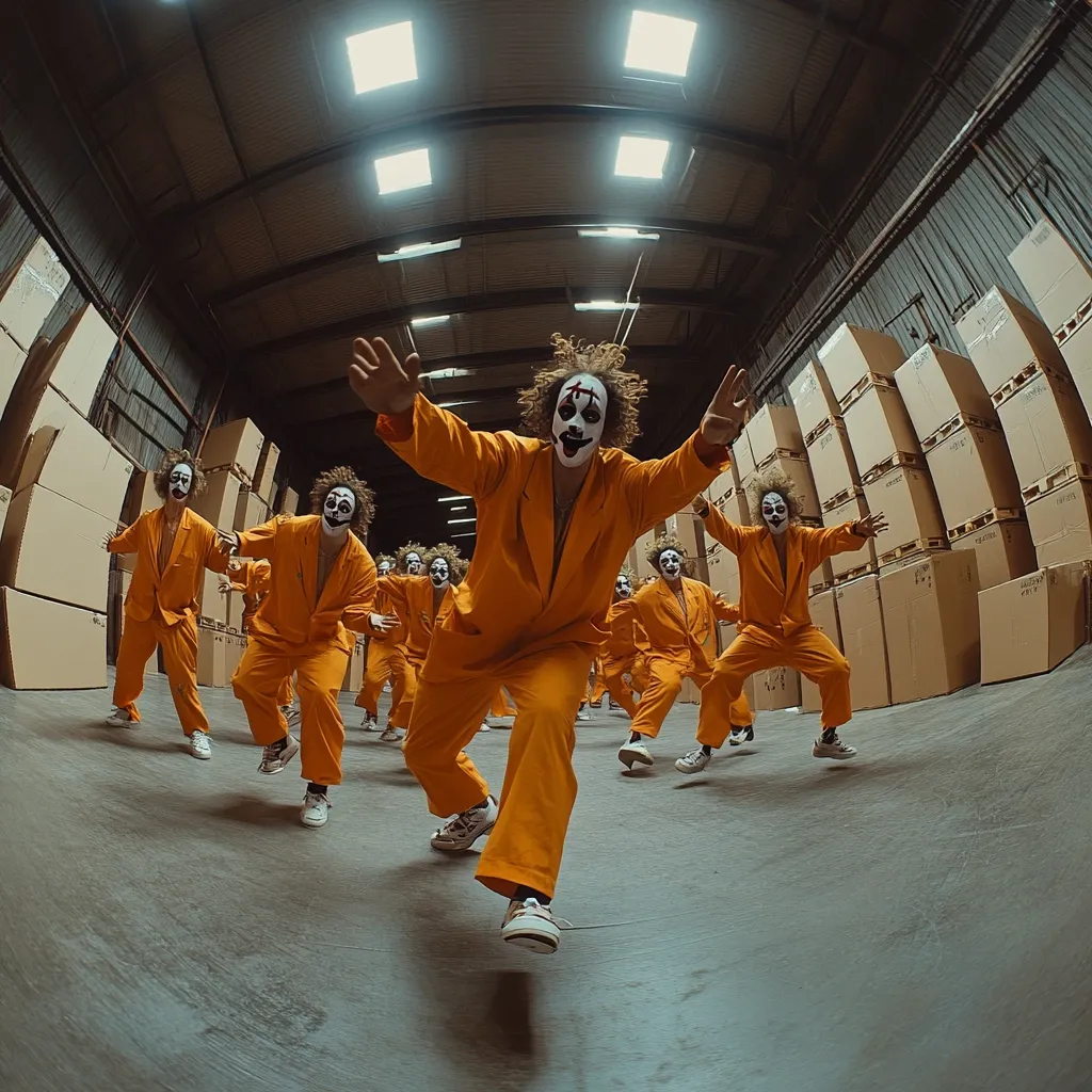 A wide-angle shot captures a group of individuals clad in bright orange jumpsuits and white clown masks, striking dynamic poses in a warehouse.  The central figure leaps forward, arms outstretched, while others are arranged in a staggered line, suggesting a coordinated movement or dance.  The background is filled with stacks of cardboard boxes, reinforcing the industrial setting.  The overall scene is vibrant and slightly unsettling, with the contrasting colors and expressions creating a striking visual.