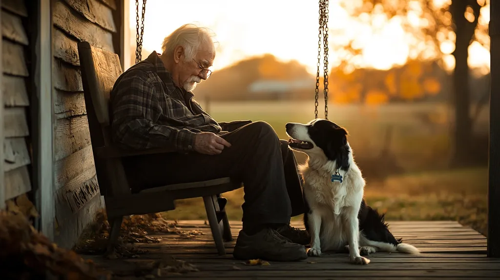 An elderly man with glasses sits on a porch swing, his gaze directed downward at a border collie dog sitting patiently beside him.  The setting sun casts a warm golden light on the rustic wooden porch and surrounding countryside. The man appears contemplative, and the scene evokes a sense of quiet companionship and peaceful rural life.  The dog is attentively focused on the man, creating a touching image of loyalty and connection.