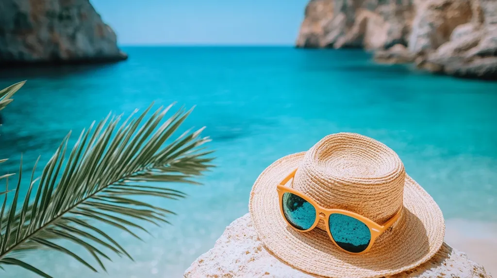 Here's a description of the image:

A sun-drenched scene of idyllic coastal beauty. A straw hat rests on a light-colored rock, with a pair of sunglasses perched upon it.  The hat and glasses are in focus, contrasted against a vibrantly turquoise sea nestled between rocky cliffs. A palm frond graces the left side of the foreground, adding to the tropical atmosphere. The overall impression is one of serenity, relaxation, and summer vacation.