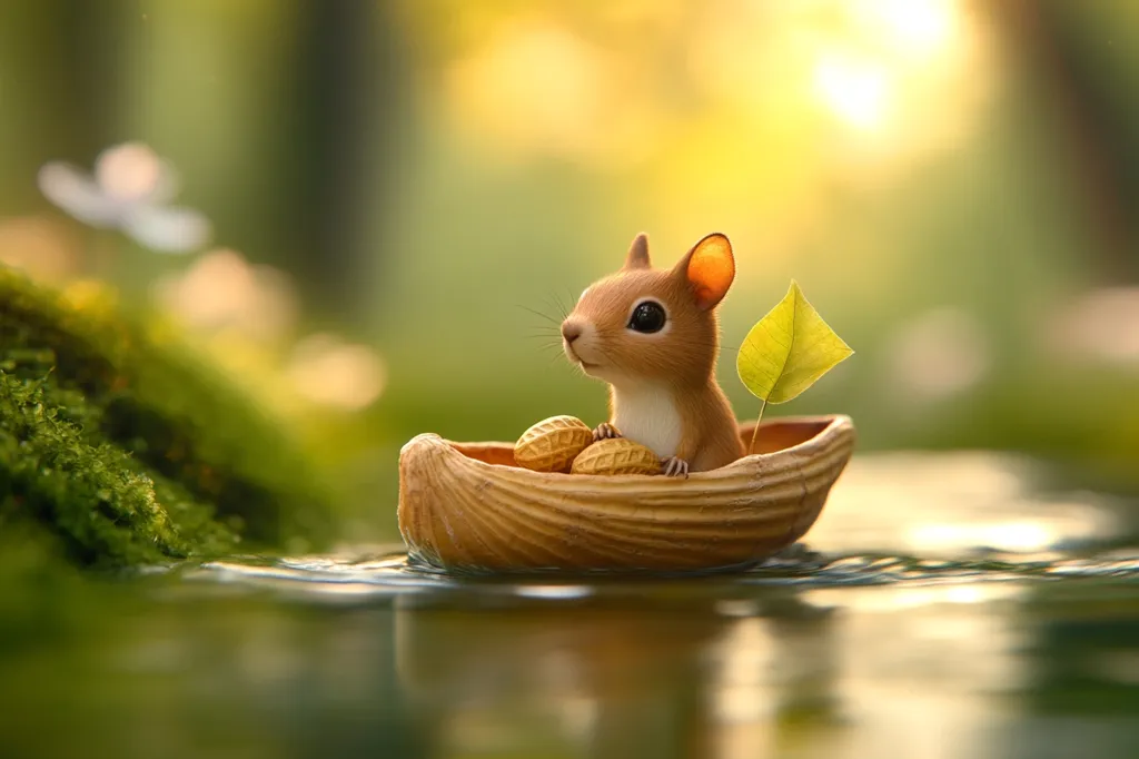 Here's a description of the image:

A charming digital illustration depicts a tiny, cartoonish squirrel nestled in a miniature canoe-shaped nutshell.  The squirrel, with large, expressive eyes, sits amidst a few peanuts. A small, bright yellow leaf serves as a sail. The canoe floats serenely on calm, reflective water, bordered by lush green moss. The background is a soft-focus blur of a sunlit forest, creating a whimsical and peaceful scene. The overall style is cute and idyllic.