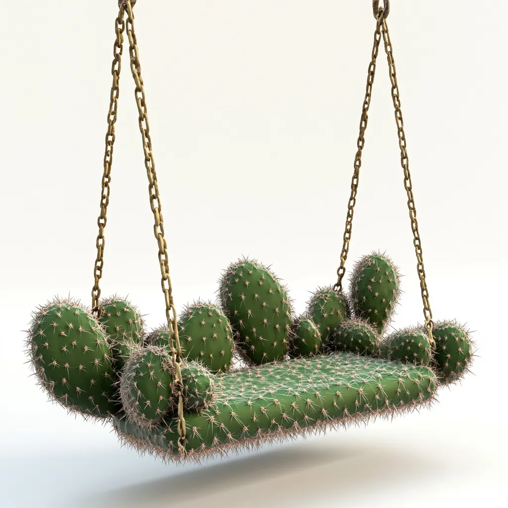 Here's a description of the image:

The image shows a unique hanging swing designed to resemble a cactus.  Multiple prickly pear cacti form the seat and back, creating a vibrant green, spiky surface.  The swing is suspended by a sturdy, gold-toned chain, providing a striking contrast to the organic texture of the cacti. The overall design is whimsical and eye-catching, suggesting a playful yet slightly dangerous seating option.  The background is a plain white, allowing the swing to be the focal point.