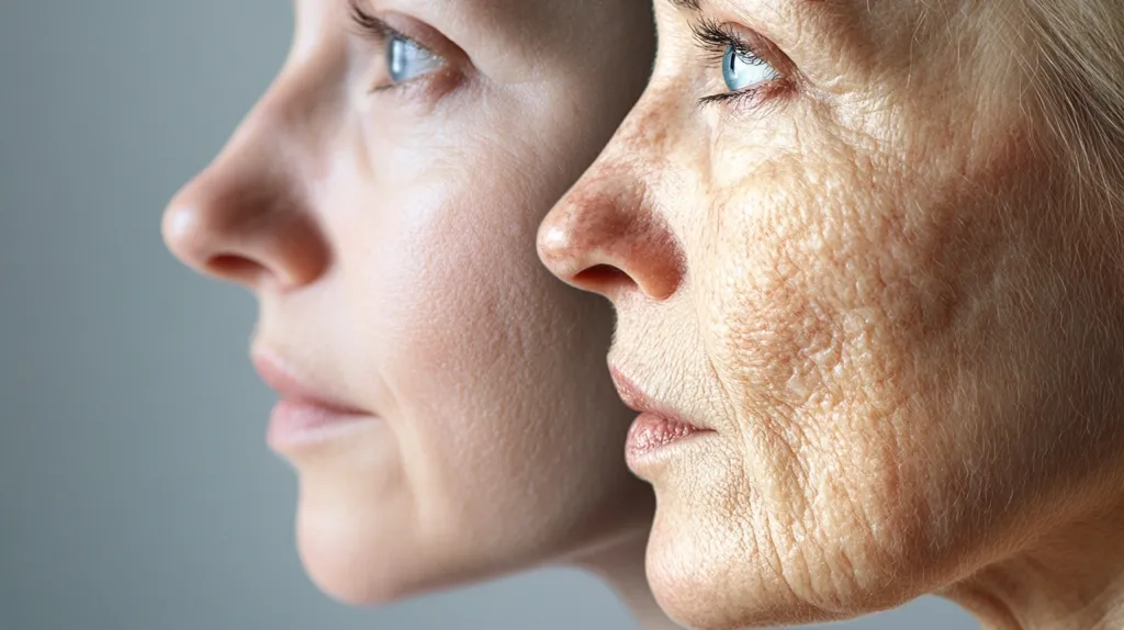 Here's a description of the image:

The image shows a close-up profile view of two faces side-by-side, highlighting the contrast between young and aged skin.  The left face displays smooth, unblemished skin typical of youth.  In contrast, the right face shows the effects of aging, including deep wrinkles, sagging skin, and age spots.  The lighting is soft and even, emphasizing the textural differences between the two skin types. The overall effect is a stark comparison illustrating the visible changes in skin associated with the aging process.