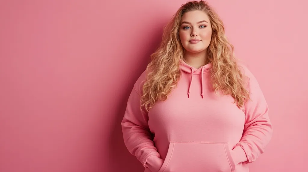 A plus-size woman with long, wavy blonde hair smiles gently at the camera. She's wearing a light pink hoodie, her hands casually resting in the front pockets.  The backdrop is a solid, matching pink. The overall mood is relaxed and confident, showcasing body positivity and simple style.
