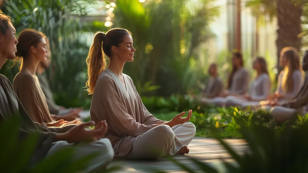 A group of people are sitting cross-legged outdoors in a tranquil garden setting, participating in a meditation session.  Sunlight filters through the lush greenery.  The focus is on a woman in the foreground, eyes closed, her posture serene and peaceful.  The other individuals, slightly out of focus, are also meditating, creating a calm and collective atmosphere of mindfulness and relaxation.  The overall scene evokes a sense of serenity and spiritual practice.