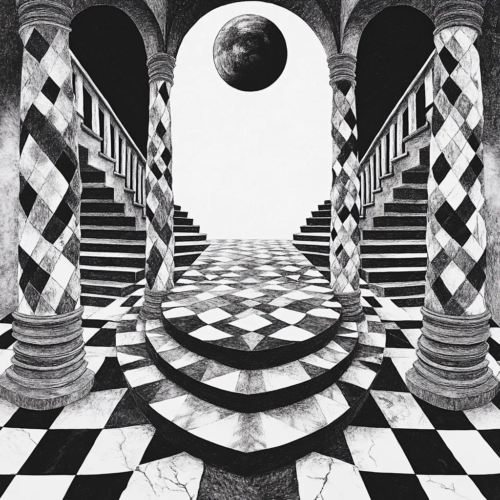 A black and white drawing depicts a grand, symmetrical hallway.  Two staircases ascend on either side, flanked by columns patterned with a diamond motif. The floor is a checkered pattern in black and white, converging towards a bright, almost blinding, central point. A large, dark orb, possibly a moon, hangs in the arched ceiling above, adding to the surreal atmosphere. The detailed shading and meticulous linework create a sense of depth and architectural grandeur. The overall effect is one of elegant mystery and optical illusion.