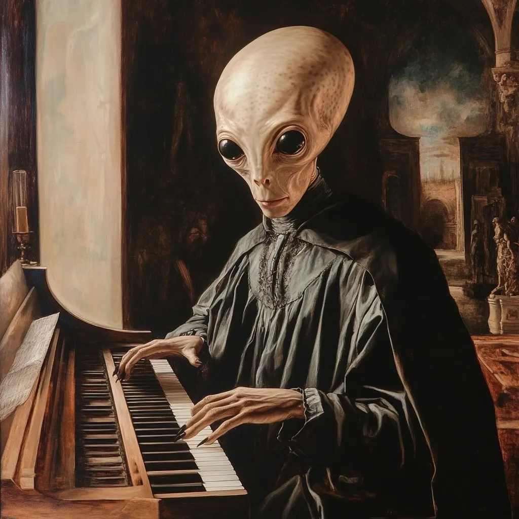 The painting depicts an alien, with a large head and elongated features, seated at a harpsichord in a dimly lit room. The alien is dressed in dark, medieval-style clothing.  The background suggests a grand, possibly ancient, setting with architectural details and figures in the distance.  The style mimics an old master portrait, creating a striking juxtaposition between the subject and the familiar artistic conventions.  The overall mood is one of quiet contemplation and mystery.