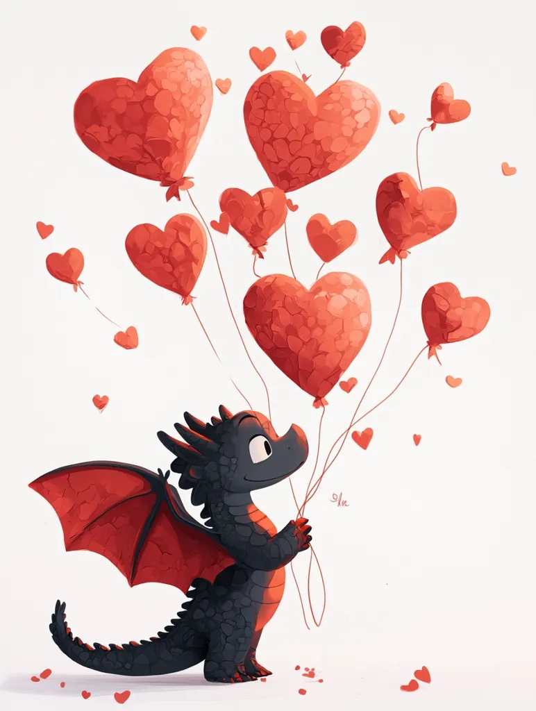A charming illustration depicts a small, dark-grey dragon with red wings holding a bouquet of heart-shaped balloons. The balloons are a vibrant coral-red, textured to resemble tiny hearts clustered together.  Small, scattered hearts float around the dragon and balloons, enhancing the romantic Valentine's Day theme.  The style is whimsical and cartoonish, with soft shading and a light, airy background. The overall feeling is one of sweetness and affection.