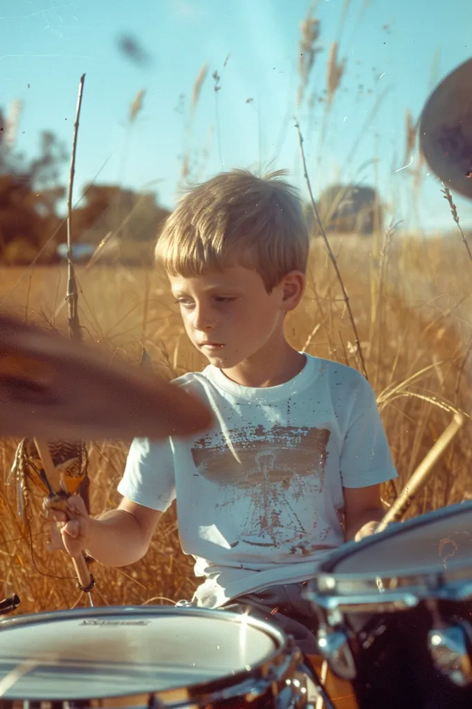 Here's a description of the image:

A young boy, with short, light brown hair, sits amidst tall, dry grass, intently focused on playing a drum kit.  He wears a light-colored, graphic t-shirt.  The setting appears to be outdoors, bathed in warm, sunny light. The image has a slightly faded, vintage quality, possibly from an older photograph or filter.  The boy's expression is serious and concentrated as he holds drumsticks, poised over a drum.  A sense of tranquility and youthful passion permeates the scene.