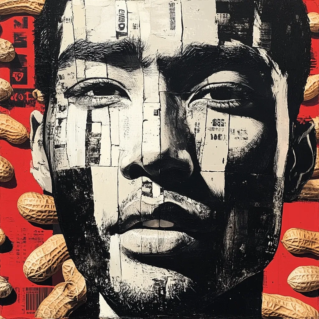 Here's a description of the image:

The artwork is a striking close-up portrait of a man's face, rendered in a bold, black-and-white style with stark contrasts. The face is fragmented, appearing as a collage of textured pieces, creating a sense of depth and layering.  The style is reminiscent of mixed media, possibly incorporating elements of collage or printmaking. The background features a vibrant red backdrop strewn with peanuts, creating a striking juxtaposition with the monochromatic portrait.  The overall effect is one of powerful intensity and artistic complexity.