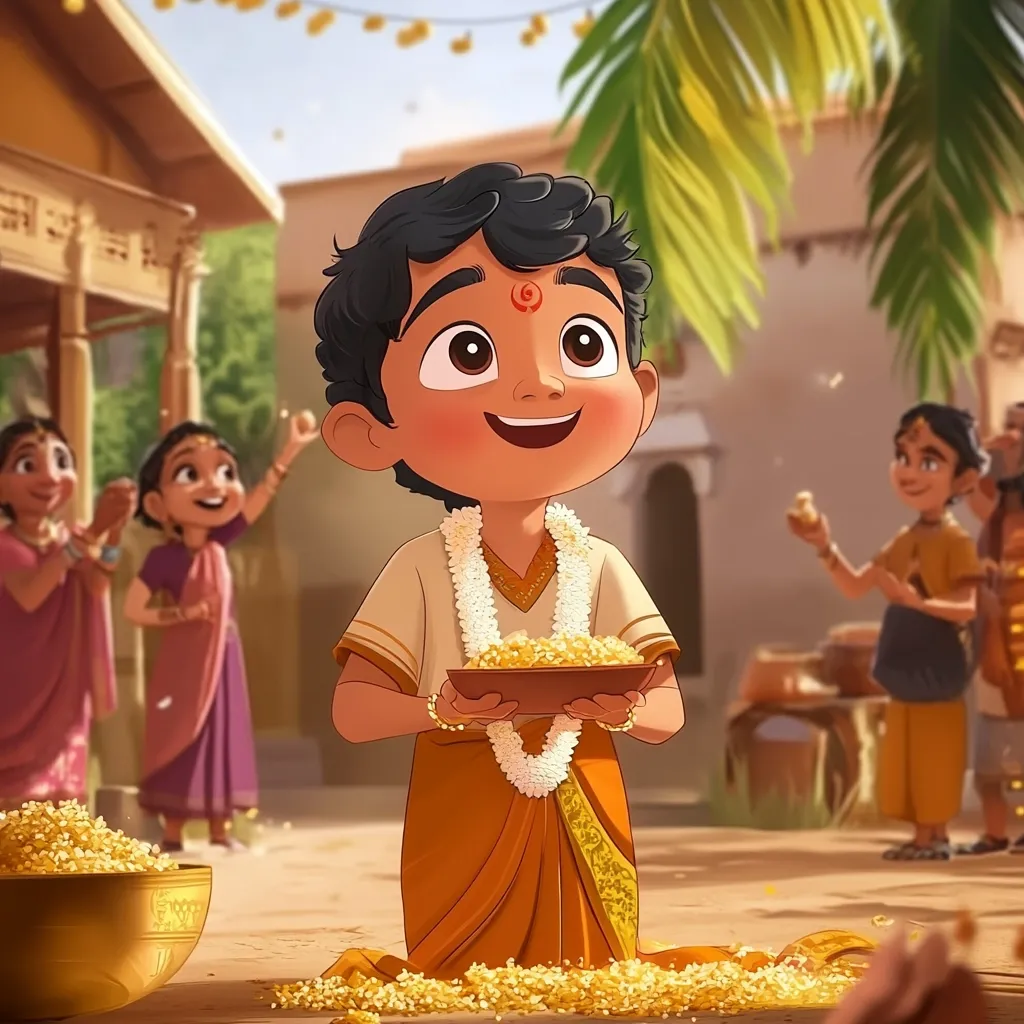 Here's a description of the image:

The illustration depicts a joyous young boy, styled in a vibrant orange and beige South Asian outfit, adorned with a white flower garland. He holds a bowl brimming with yellow petals or grains, radiating happiness.  The background features a bustling, festive scene in a traditional South Asian setting, with other children and adults in colorful clothing, adding to the celebratory atmosphere.  The overall style is reminiscent of animation, with soft lighting and warm colors enhancing the feeling of warmth and joy. Yellow flower petals scatter around the boy's feet.