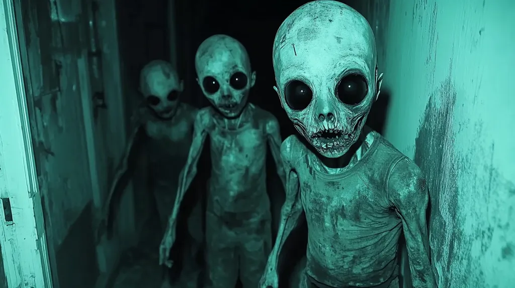 Here's a description of the image:

The image shows three emaciated, pale figures resembling humanoid aliens or creatures. They have large, dark eyes and gaunt, skeletal features, appearing almost decaying. They are positioned in a dark, dimly lit corridor with a grunge-like wall in the background.  The overall color palette is a sickly green-teal, enhancing the eerie atmosphere. The creatures are positioned in a slightly menacing, forward-moving stance. The scene evokes a feeling of horror and unease.