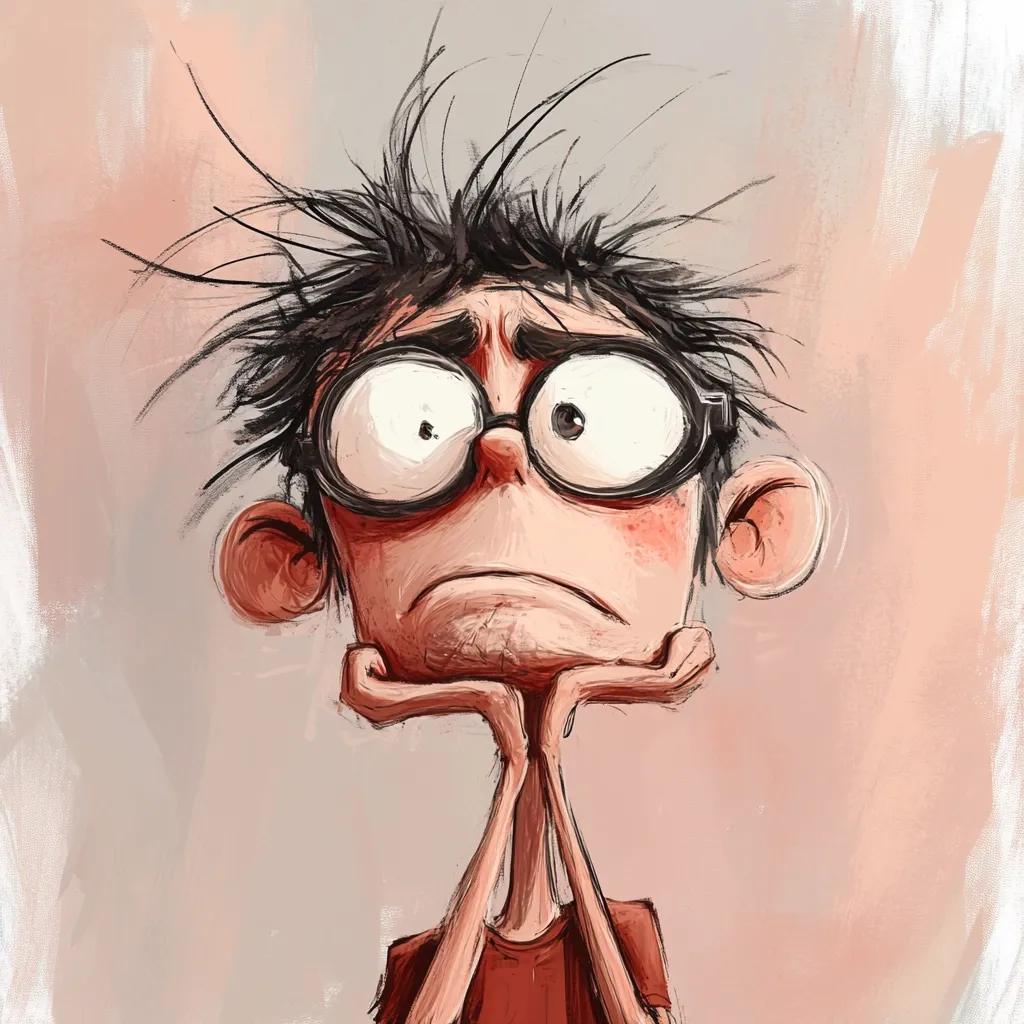 The illustration depicts a cartoon character, possibly a young boy, with a pensive expression. He wears large, round glasses and has messy, dark hair. His face is slightly downturned, and his hands are cupped under his chin, conveying a thoughtful or worried mood. The style is loose and expressive, with visible brushstrokes creating a textured, painterly effect. The background is a soft, muted palette, drawing focus to the character's emotional state.  The overall impression is one of quiet contemplation or mild distress.
