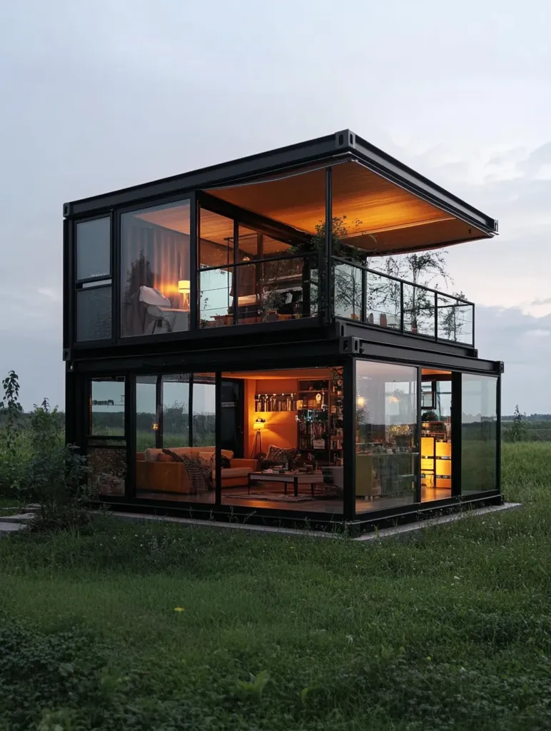 Here's a description of the image:

A modern, two-story, black shipping container home sits in a grassy field at dusk.  Large glass windows and sliding doors offer expansive views from both levels.  Warm interior lighting illuminates the living space below and a bedroom above, which features a small balcony. The design is minimalist and sleek, with a flat roof and a cantilevered upper section creating a sense of spaciousness. The home appears to be off-grid or in a secluded rural location.
