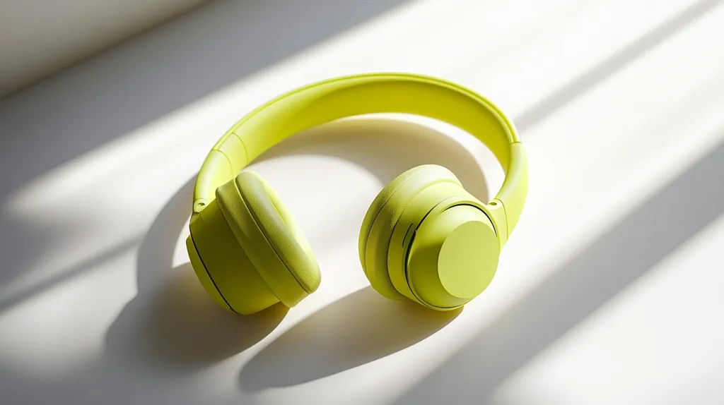 A pair of bright yellow wireless headphones rests on a white surface, bathed in sunlight.  The headphones are positioned slightly off-center, with the headband curving gracefully.  The soft, pastel yellow of the headphones contrasts beautifully with the stark white background, creating a clean and modern aesthetic.  Shadows cast by sunlight enhance the three-dimensionality of the image.