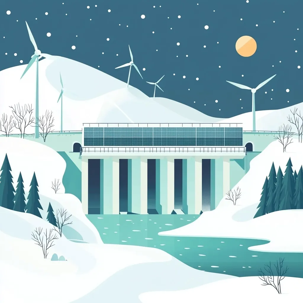 Here's a description of the image:

A stylized illustration depicts a snowy winter landscape at night.  A large dam, topped with solar panels, spans a frozen river.  Several wind turbines dot the snow-covered hills in the background, under a starry sky and a full moon.  The scene is peaceful and evokes a sense of clean, renewable energy generation in a pristine natural setting.  Evergreen trees flank the river, adding to the picturesque, wintery atmosphere.  The color palette is cool and muted, emphasizing the serene ambiance.