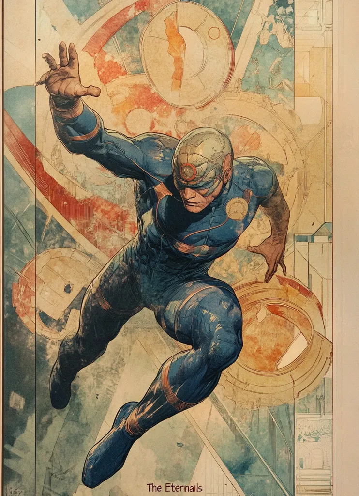Here's a description of the image:

The image is a stylized comic book-style illustration of a superhero, possibly from the "Eternals" series, as indicated by the text at the bottom.  The superhero is depicted in dynamic motion, appearing to leap or fly. He wears a blue and orange suit with a helmet featuring a circular emblem. The art style is a blend of vintage comic book aesthetics and a more modern, textured approach. The background features abstract geometric shapes and muted earth tones, creating a sense of depth and complexity that contrasts with the figure’s sharp lines. The overall palette leans towards sepia and muted blues, providing a slightly aged or nostalgic feel.