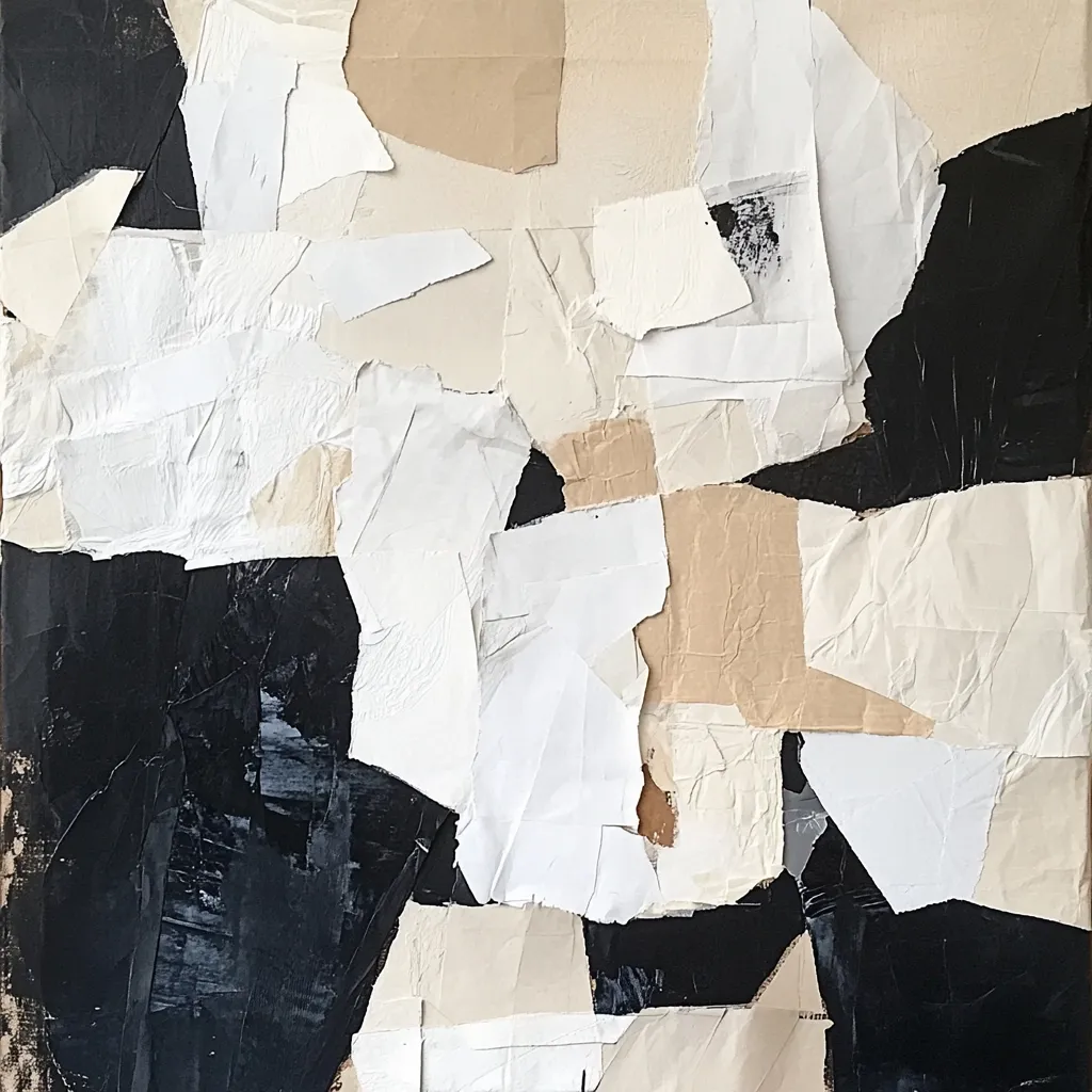 The artwork is an abstract collage composed of irregularly shaped pieces of white, beige, and black paper.  The papers are layered and overlapped, creating a sense of depth and texture.  The black sections appear painted or collaged with a slightly textured surface, contrasting with the smoother, more delicate off-white and beige elements. The overall effect is a fragmented yet harmonious composition with a muted color palette.