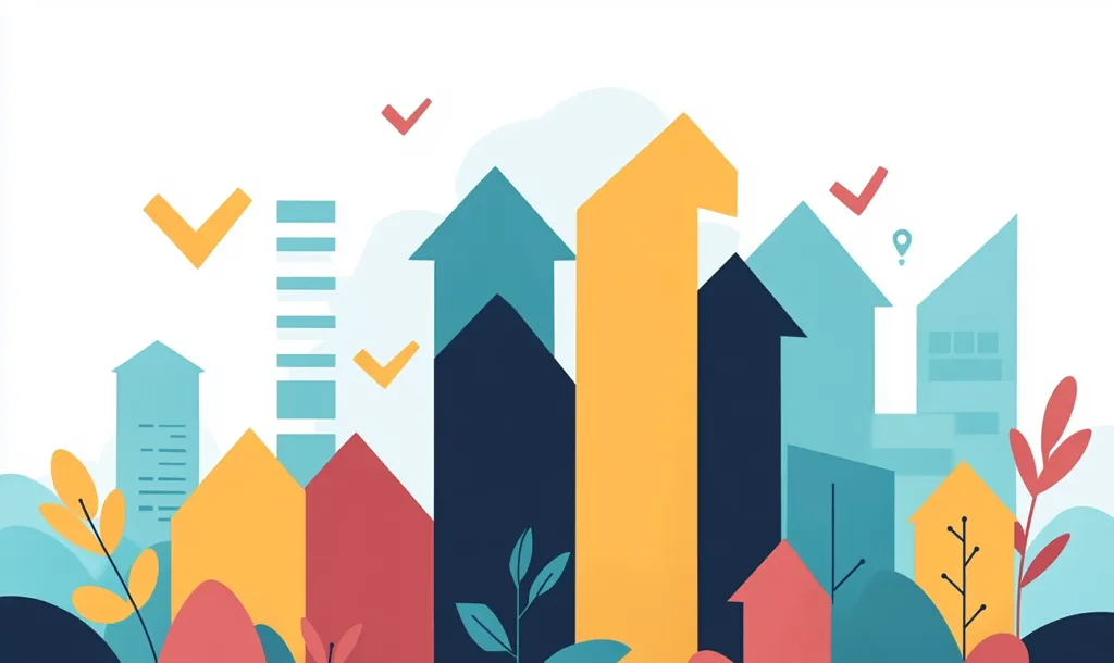 The illustration depicts a stylized cityscape with upward-pointing arrows forming the buildings.  The arrows symbolize growth and progress, enhanced by checkmarks scattered across the image.  The color palette is vibrant and playful, with teal, yellow, and red hues dominating the architectural forms.  Simple foliage adds a touch of nature, creating a sense of positive urban development and sustainable progress. The overall impression is one of optimism and achievement.