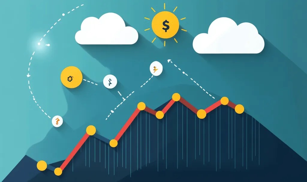 The image is an abstract representation of financial growth.  A red line graph ascends, punctuated by yellow circles, symbolizing increasing profits or revenue.  Above, a dollar sign within a sun suggests financial gain and prosperity.  Dashed lines connect various small icons, possibly representing processes or contributing factors, leading to the upward trend. The overall style is flat design, with a teal background and clouds adding a conceptual feel.  The upward trajectory clearly conveys a message of success and positive financial momentum.