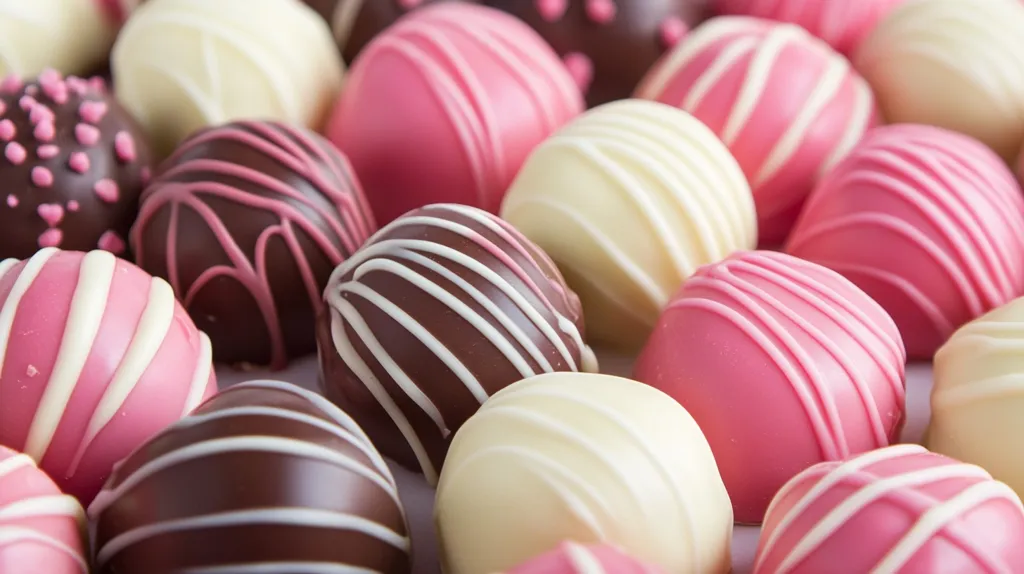 A close-up shot reveals an assortment of delectable chocolate truffles, each meticulously decorated. The truffles boast a variety of colors, including creamy white, rich dark brown, and delicate pink, with some adorned with elegant white or pink stripes.  They are clustered together, creating a visually appealing and tempting display of confectionery artistry. The image emphasizes the smooth texture and glossy sheen of the chocolate coatings.