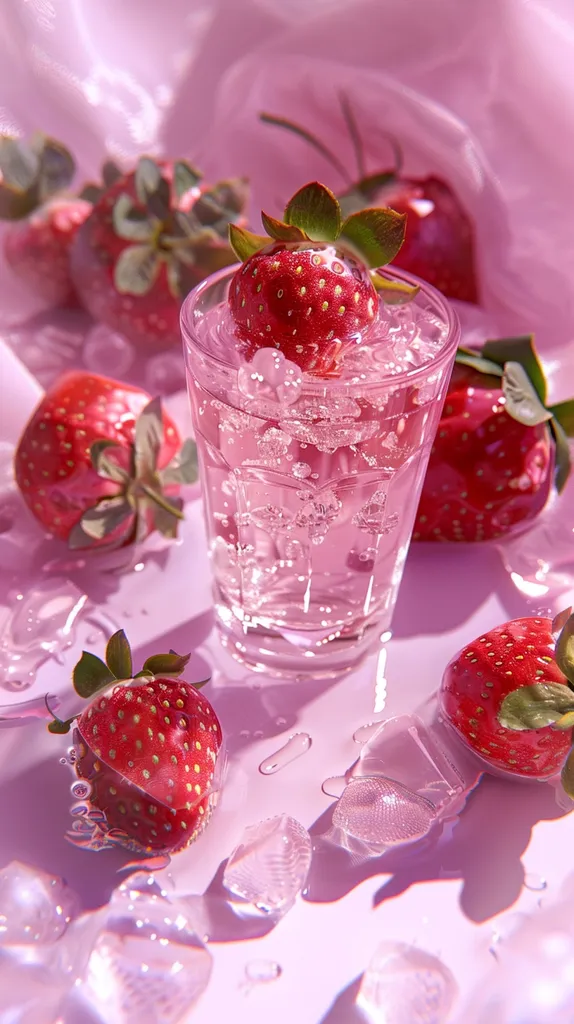 A refreshing strawberry drink is the centerpiece of this image, showcasing a single, vibrant strawberry submerged in a glass filled with bubbly, pink liquid.  Surrounding the glass are several more juicy strawberries, glistening with moisture, and scattered ice cubes on a pastel pink surface. The overall aesthetic is bright, clean, and evokes a feeling of summer refreshment. The soft lighting enhances the strawberries' natural red hue, creating a visually appealing and appetizing scene.