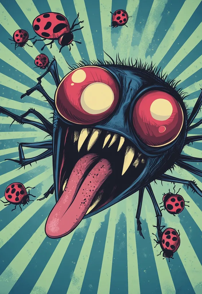 A stylized illustration features a monstrous insect, possibly a fly or beetle, with large red eyes and sharp teeth, its tongue extended.  The creature is depicted against a vibrant teal and green sunburst background. Several ladybugs are scattered around it, some seemingly in its path. The style is reminiscent of vintage comic book art or a poster, employing bold lines and colors to create a striking, slightly menacing image. The overall mood is playful yet slightly unsettling.