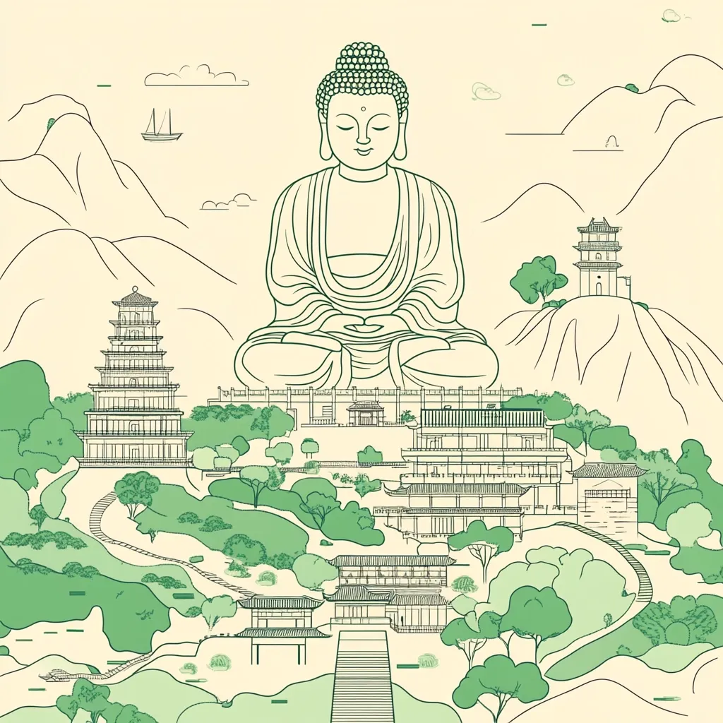 A serene illustration depicts a large Buddha statue seated atop a hill overlooking a sprawling Buddhist temple complex.  The scene is rendered in a minimalist, line-drawing style with muted green and beige tones.  Various temple buildings, pagodas, and lush greenery are meticulously detailed, creating a peaceful and harmonious atmosphere.  A small sailboat is visible in the distant background, adding a touch of tranquility to the idyllic landscape.  The overall style suggests a contemplative and spiritual mood.