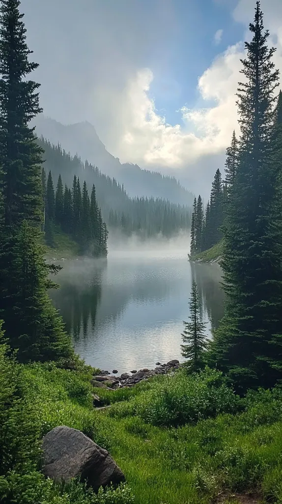 A serene mountain lake is nestled amidst a dense evergreen forest.  Morning mist hangs low over the still water, reflecting the surrounding trees and mountains.  The sky is partly cloudy, with patches of blue visible through the wispy clouds.  Lush green vegetation lines the lakeshore, leading to a large boulder in the foreground.  The overall atmosphere is one of peaceful solitude and natural beauty.