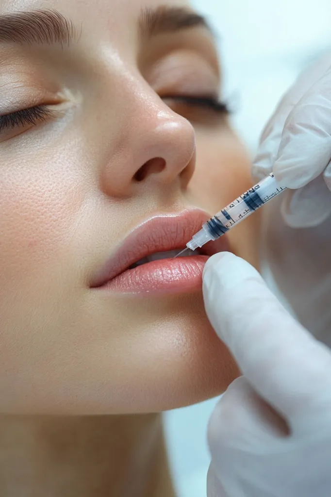 Close-up view of a young woman receiving a lip injection.  Her eyes are closed, and a gloved hand carefully injects a substance into her lower lip using a fine needle. The focus is on the lip and the injection process, highlighting the detail of the procedure.  The overall impression is one of cosmetic enhancement or rejuvenation.