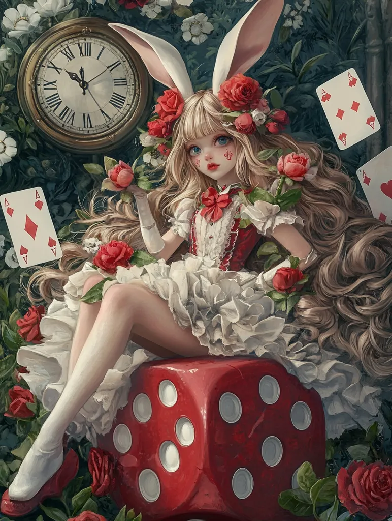 Here's a description of the image:

The artwork depicts a whimsical, anime-style girl, styled as Alice from Alice in Wonderland.  She's adorned in a white, ruffled dress, complete with a red bow and long, flowing blonde hair.  White bunny ears peek out from her floral crown of red roses. She sits atop a large, red die, surrounded by playing cards and nestled amongst lush greenery. An antique clock hangs in the background, adding to the dreamlike, surreal atmosphere.  The overall style is detailed and romantic, emphasizing a blend of fantasy and classic fairytale elements.