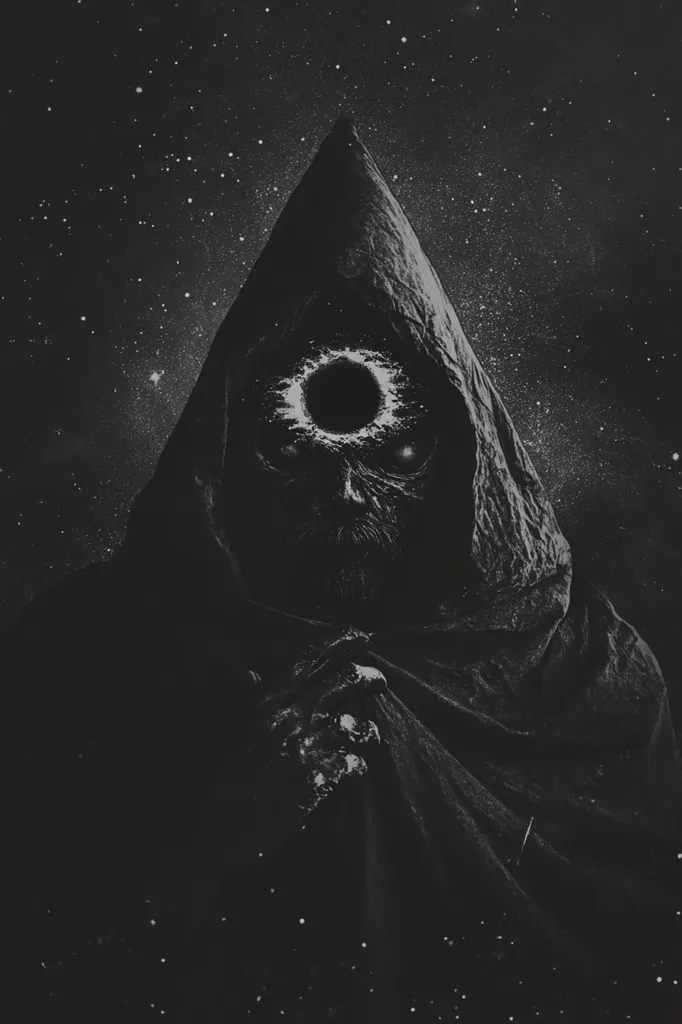 A monochromatic image depicts a hooded figure against a starry night sky. The hood is pointed, almost conical, and obscures most of the figure's face, revealing only a decaying visage with a central, dark, circular eye resembling a celestial body. The figure's hands are clasped in front, and the overall mood is dark, mysterious, and evokes a sense of cosmic horror.  The texture of the image suggests age and decay, adding to the eerie atmosphere.