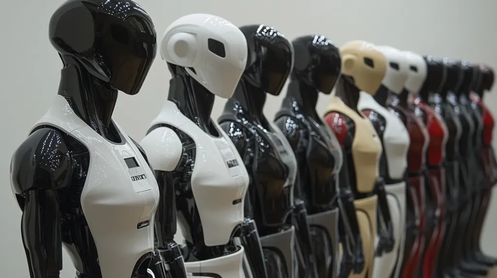 A row of humanoid robots stands in a line, their backs to the camera.  They are uniformly designed with sleek, glossy bodies, primarily black and white, although some feature beige and red accents. Their heads are helmet-like, obscuring their faces. The robots appear identical, creating a sense of mass production or a robotic army.  The depth of field emphasizes the robot in the foreground, while the others recede into a blurred background.