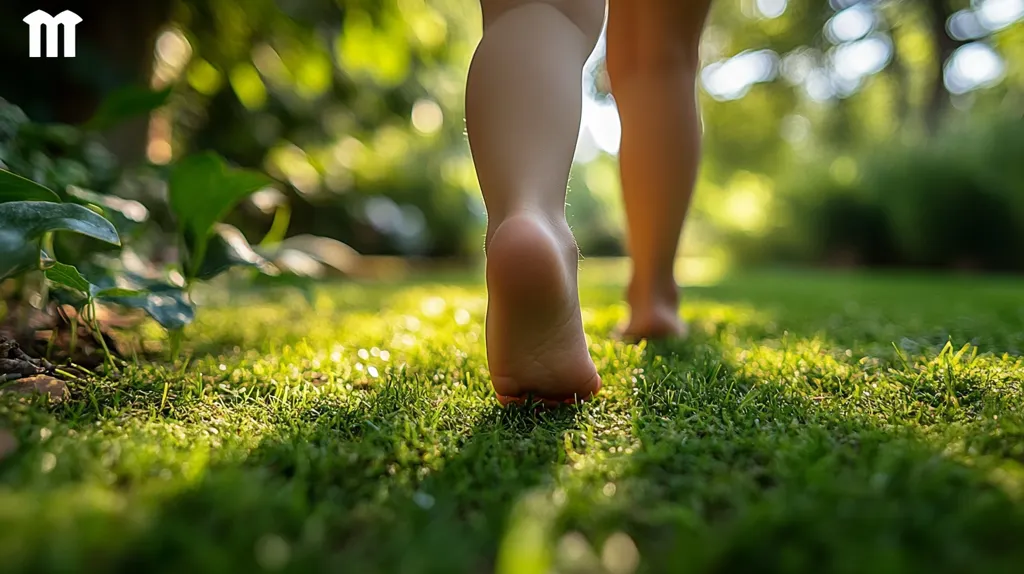 Here's a description of the image:

Close-up view of a toddler's bare feet walking on lush, green grass.  The focus is on the child's feet, with the background softly blurred, showcasing a sun-dappled garden setting.  The scene evokes a feeling of carefree childhood and connection with nature. The vibrant green grass and soft sunlight contribute to a peaceful and idyllic atmosphere.  The child's legs and feet are the central focus, emphasizing their innocent exploration of the outdoors.