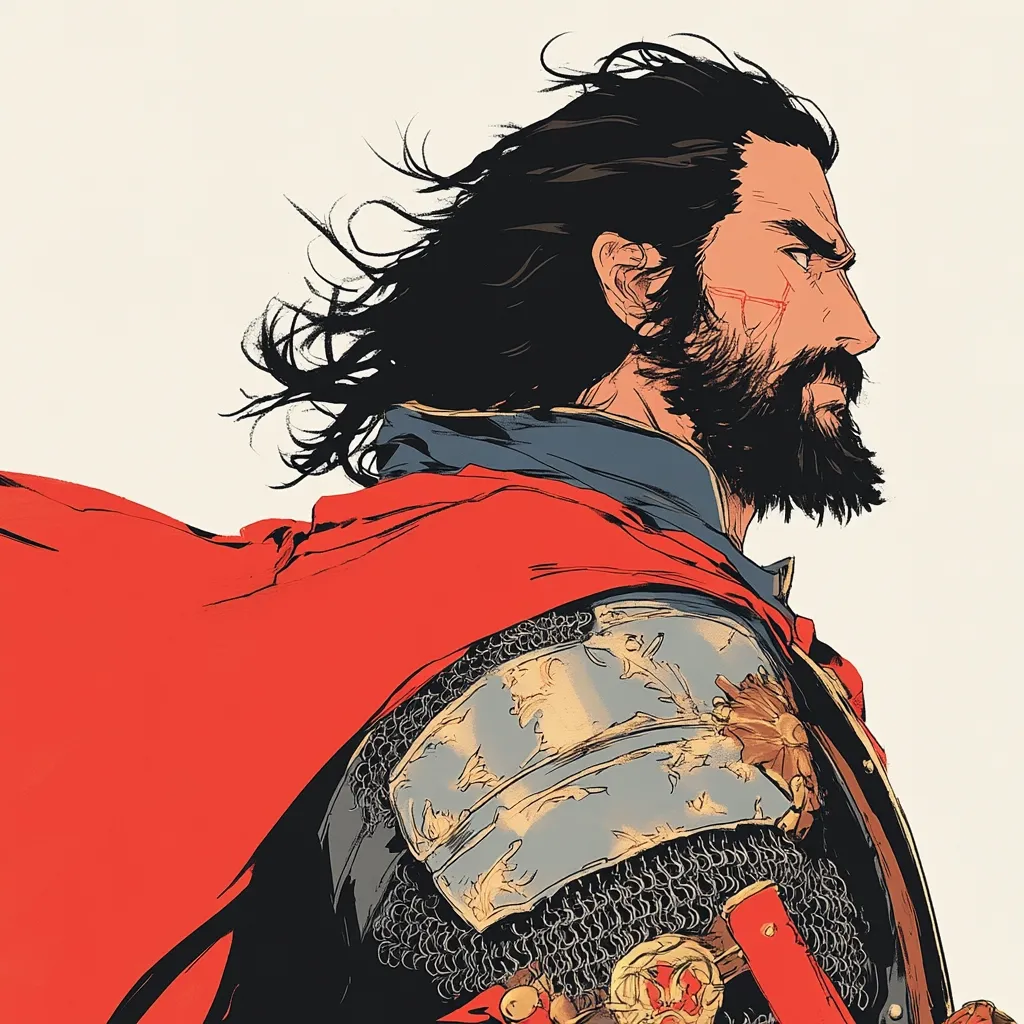 The illustration depicts a powerful, brooding man in profile view.  He possesses long, dark hair, a full beard, and a scar on his face, suggesting a life of battle. He's clad in medieval-style armor, partially visible under a flowing red cape. The armor is detailed, showing chainmail and ornate plate sections.  His gaze is directed to the right, conveying a sense of strength and purpose. The style is reminiscent of graphic novels or fantasy art, with bold lines and a vibrant color palette.
