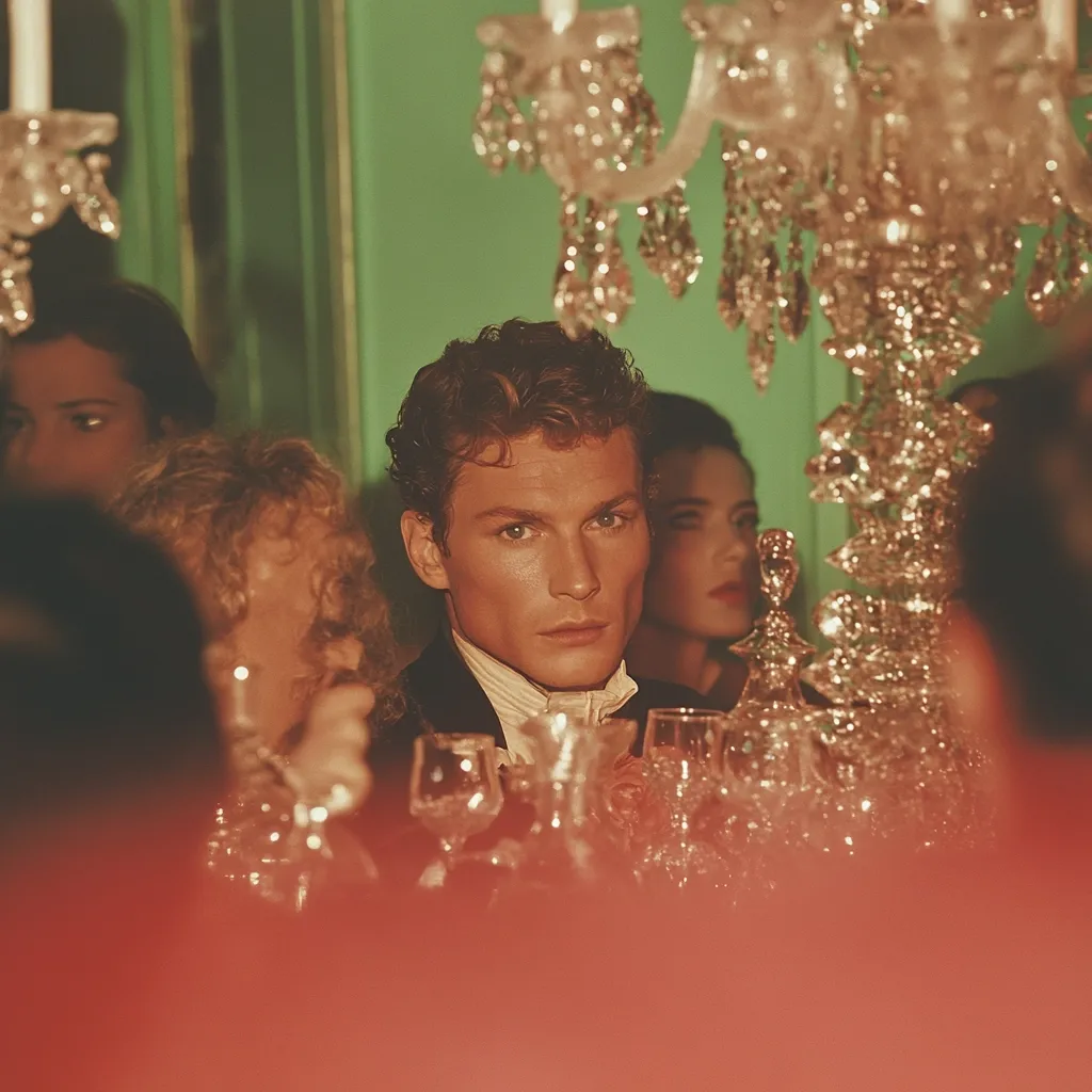 Here's a description of the image:

The photograph captures a dimly lit, opulent scene, possibly at a formal dinner. A young man with curly brown hair, wearing a dark suit and high-collared shirt, is in sharp focus in the foreground. His gaze is directed at the viewer. Behind him, other individuals are visible, their faces partially obscured, suggesting a crowded setting.  Large, sparkling crystal chandeliers dominate the background, reflecting light onto a green wall, enhancing the atmosphere of luxury and elegance. The overall color palette is warm and rich, with the amber tones of the lighting enhancing the overall dramatic feel of the image.  The focus is carefully controlled, drawing attention to the central figure.