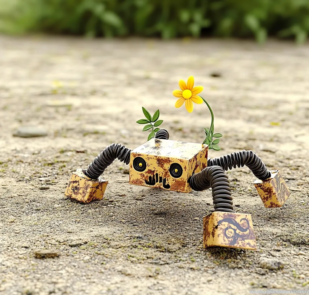 Here's a description of the image:

A charming, rusty-looking robot, resembling a cube with flexible, segmented black legs, ambles across sandy ground.  A small, cheerful yellow flower sprouts from its top.  The robot's face is simplistic, with round, yellow eyes and a slightly distressed expression.  The overall style suggests a blend of whimsical and slightly weathered, giving it a friendly, somewhat antique feel.  The background is blurred, showing a patch of greenery. The scene is bright and evokes a sense of outdoor playfulness.
