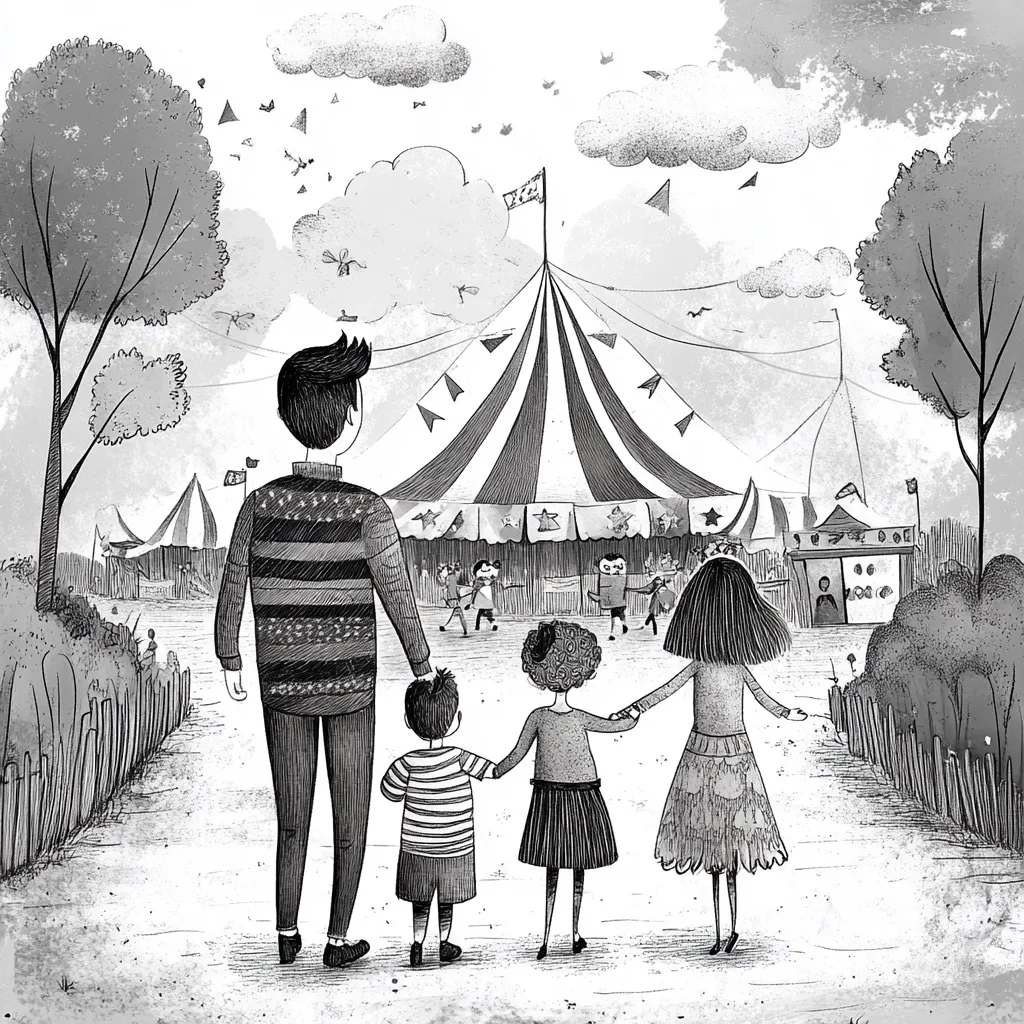 A black and white illustration depicts a family of four walking towards a circus tent. The father, holding the hands of his two children (a boy and a girl), and a girl in between them.  They walk along a path lined with trees and shrubs, towards the large striped tent bustling with activity. The scene is peaceful, suggesting an exciting day ahead at the circus. Small details, like birds and insects, add to the whimsical atmosphere.  The style is reminiscent of children's book illustration.